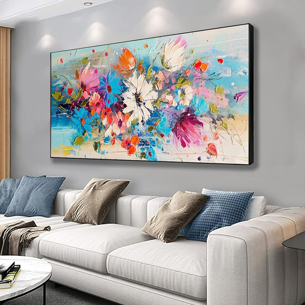 Beautiful Colorful Spring Flowers Knife Thick Oil Painting Handpainted Large Blue Florals Canvas Wall Art Modern Artwork Decor