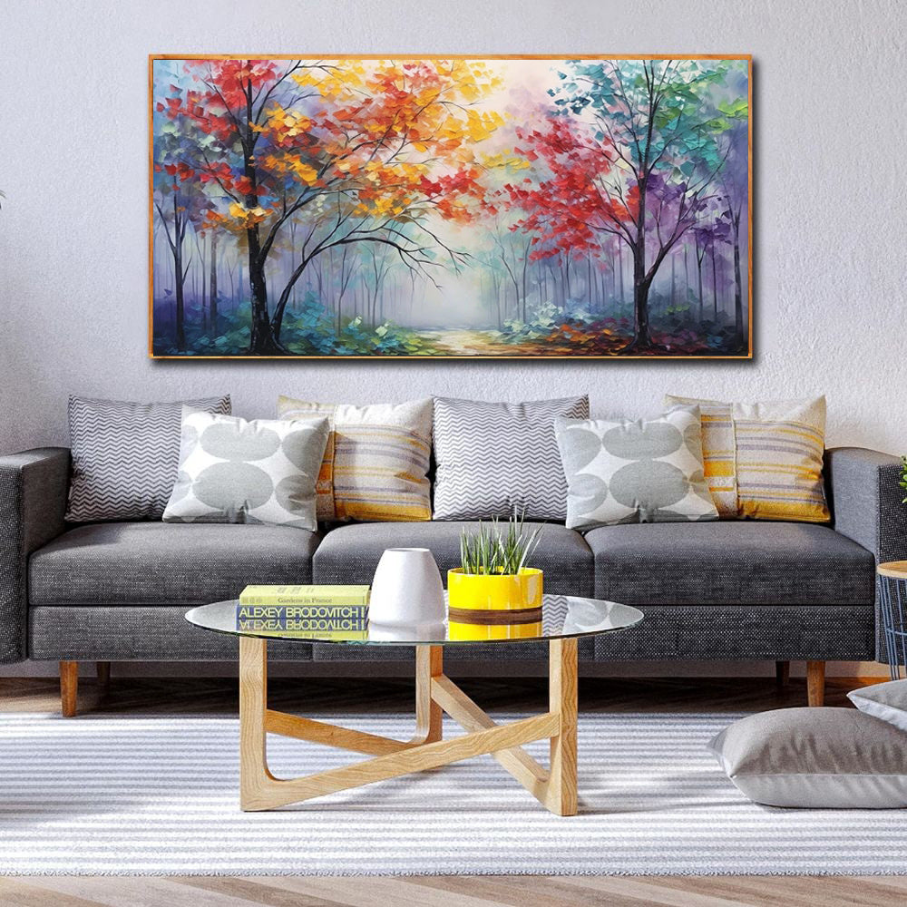 Colorful Abstract Tree Thick Oil Painting Hand Painted Forest Late Autumn Morning View Canvas Modern Artwork Landscape Wall Art For Home Decor