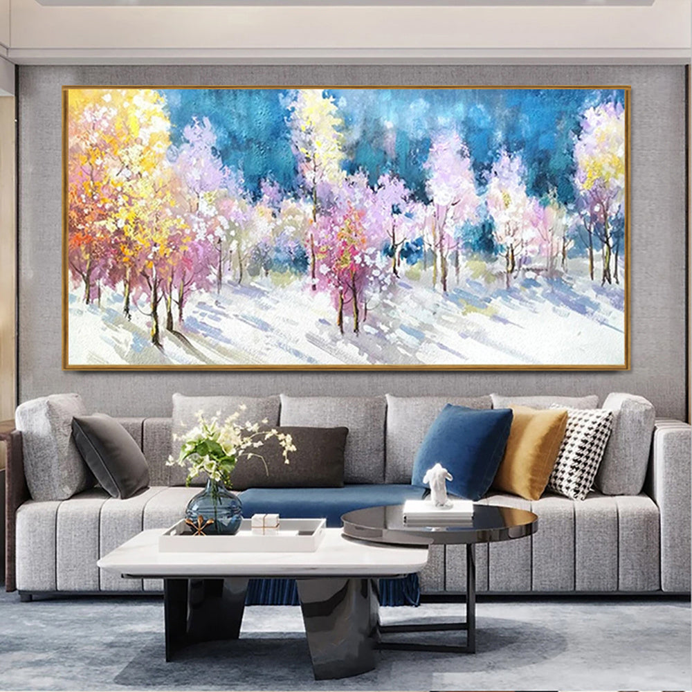 Handmade Oil Painting Canvas Wall Art Decoration Abstract Multi-Color Autumn Winter Forest Landscape Artwork For Home Living Room Decor Rolled Frameless Unstretched Painting