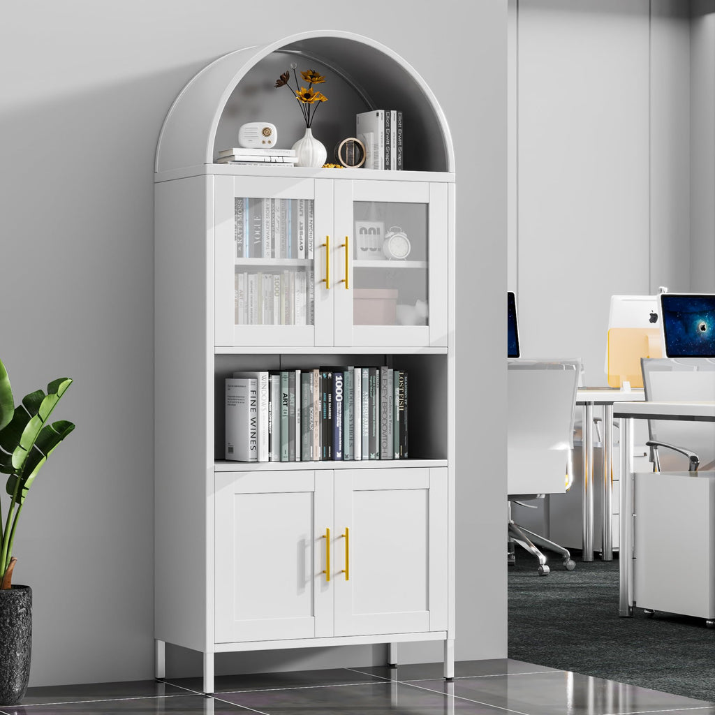Mobiletto ad arco in metallo alto 73 pollici, mobile dispensa da cucina con anta in vetro, libreria ad arco moderna in stile fattoria con 2 ripiani regolabili per soggiorno, bianco, montaggio richiesto