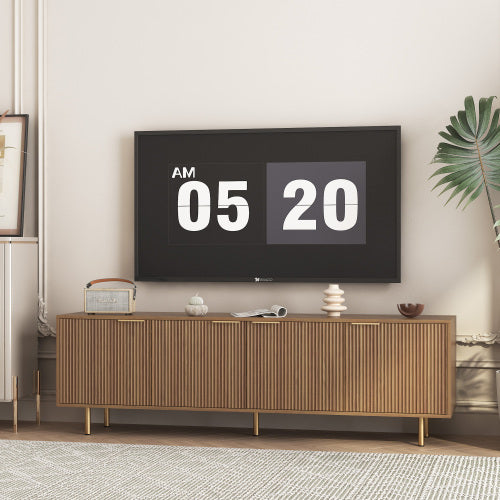 Mobile TV moderno in legno scanalato da 68 pollici a T, centro di intrattenimento con ante portaoggetti, mobiletto porta TV, per TV da 55 pollici, soggiorno