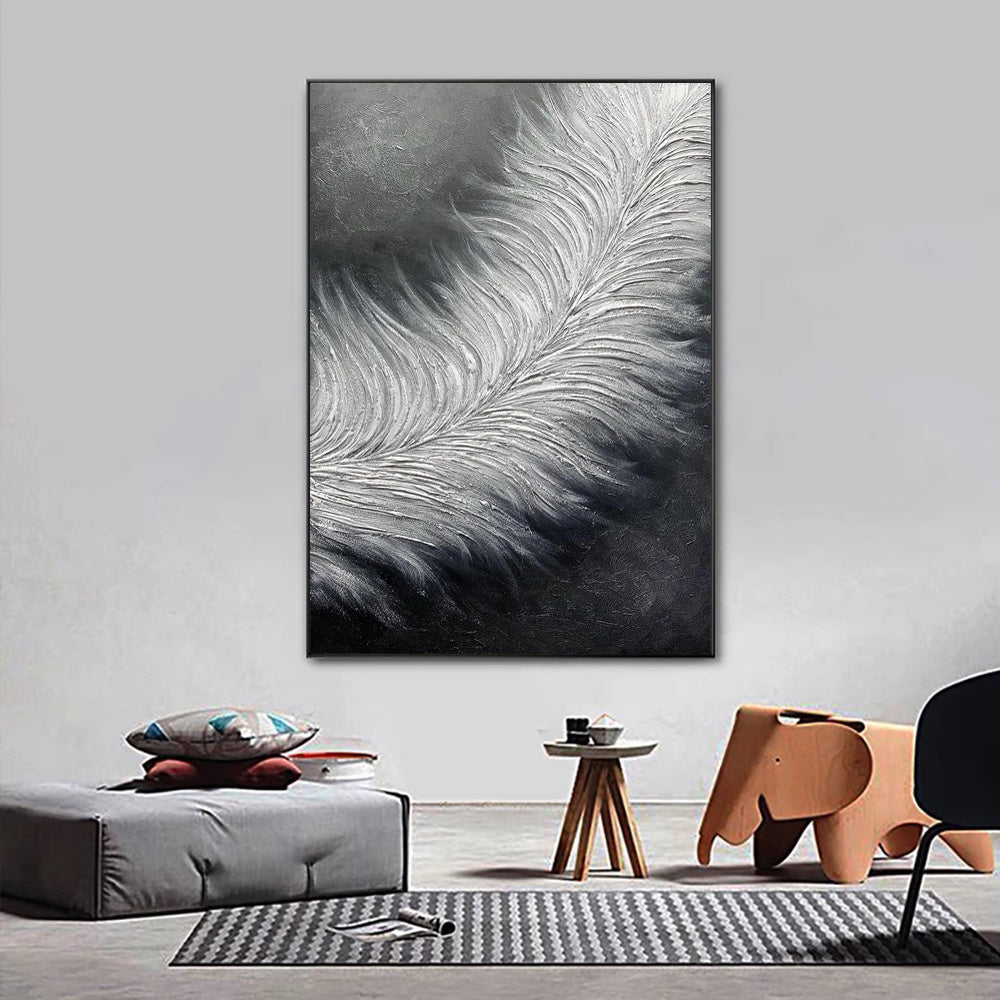 Hand Painted Black And White Oil Paintings On Canvas Abstract Feather Modern Wall Art Oversize Thick Texture Acrylic Painting Decor Special Artwork