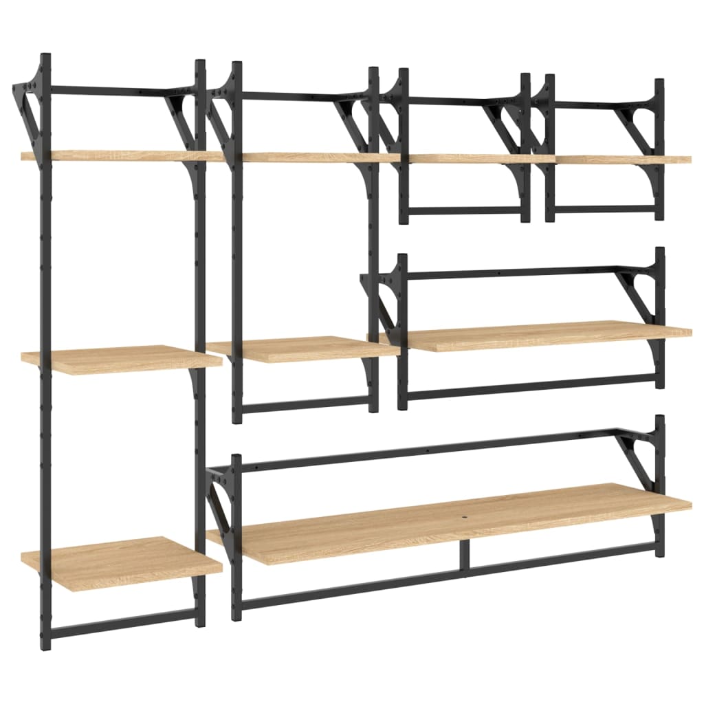 Set di 6 mensole da parete con aste, legno composito di rovere Sonoma