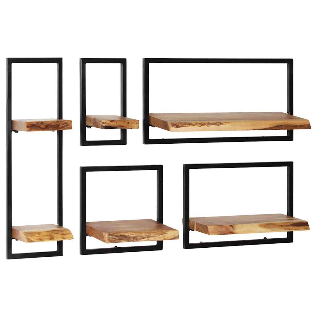 set di mensole da parete, 5 pezzi, legno massello di acacia e mensole da parete