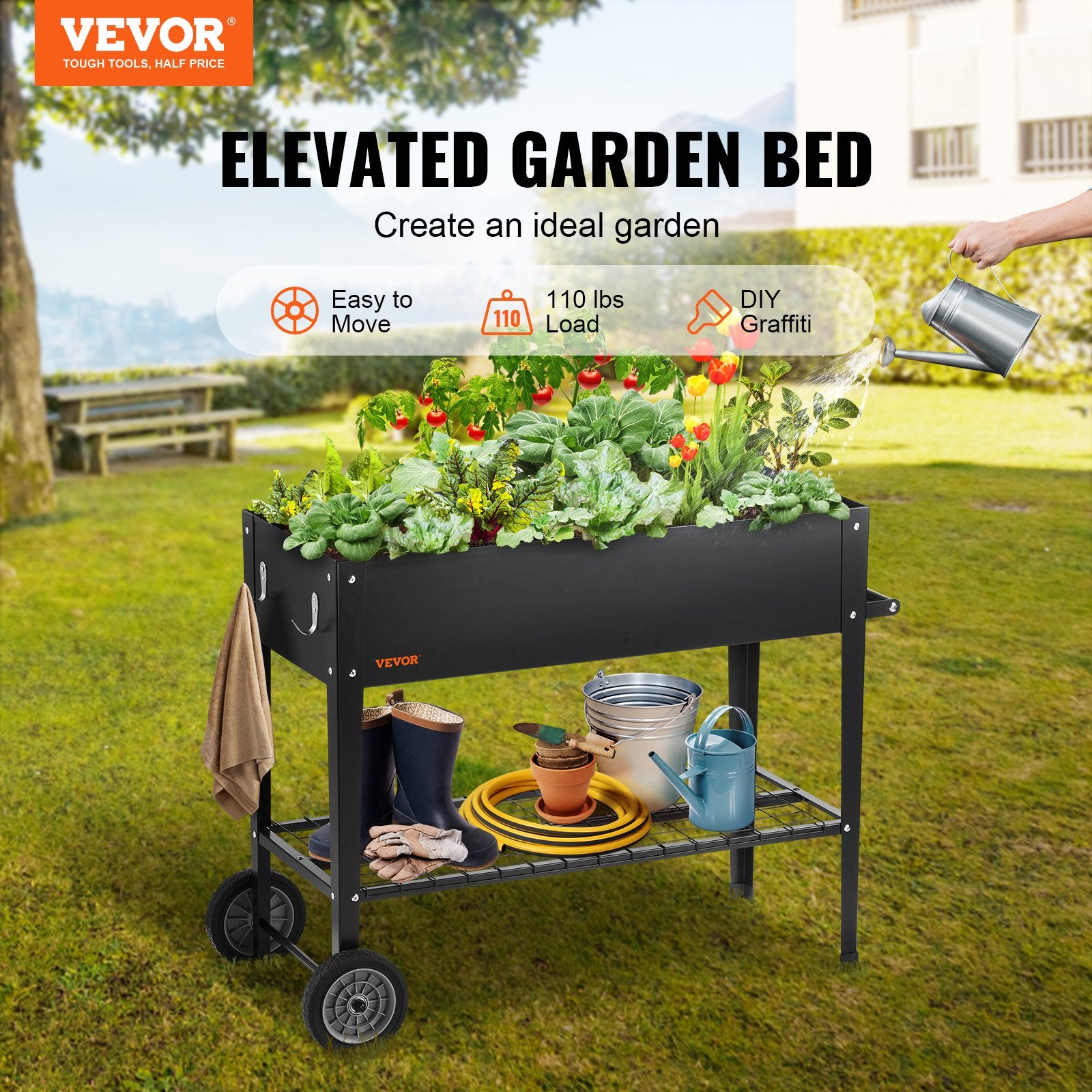 Hochbeet Mit Rädern Pflanzkübel Blumenkasten Garten Pflanzkasten Terrassen Gemüsebeet Gartenbeet Pflanzbeet Schwarz 108x49,5x80cm Verzinktem Stahl Ideal Für Den Anbau Von Gemüse Obst Kräutern 