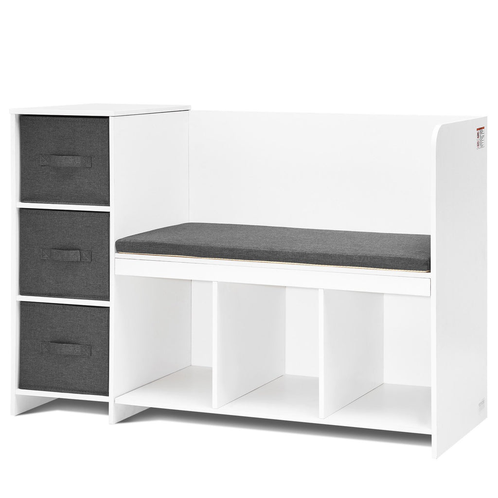 Panca per bambini con angolo lettura, libreria e scaffale per bambini piccoli con cuscino di seduta staccabile, panca con 6 scomparti e 3 cassetti, ideale per sala giochi, camera da letto, soggiorno o ingresso, bianco