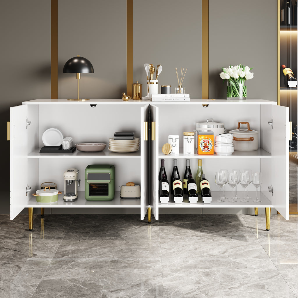 Credenza bianca 152 x 40 x 75 cm con esclusivo design ondulato e maniglie e piedini dorati, per creare un'elegante zona pranzo
