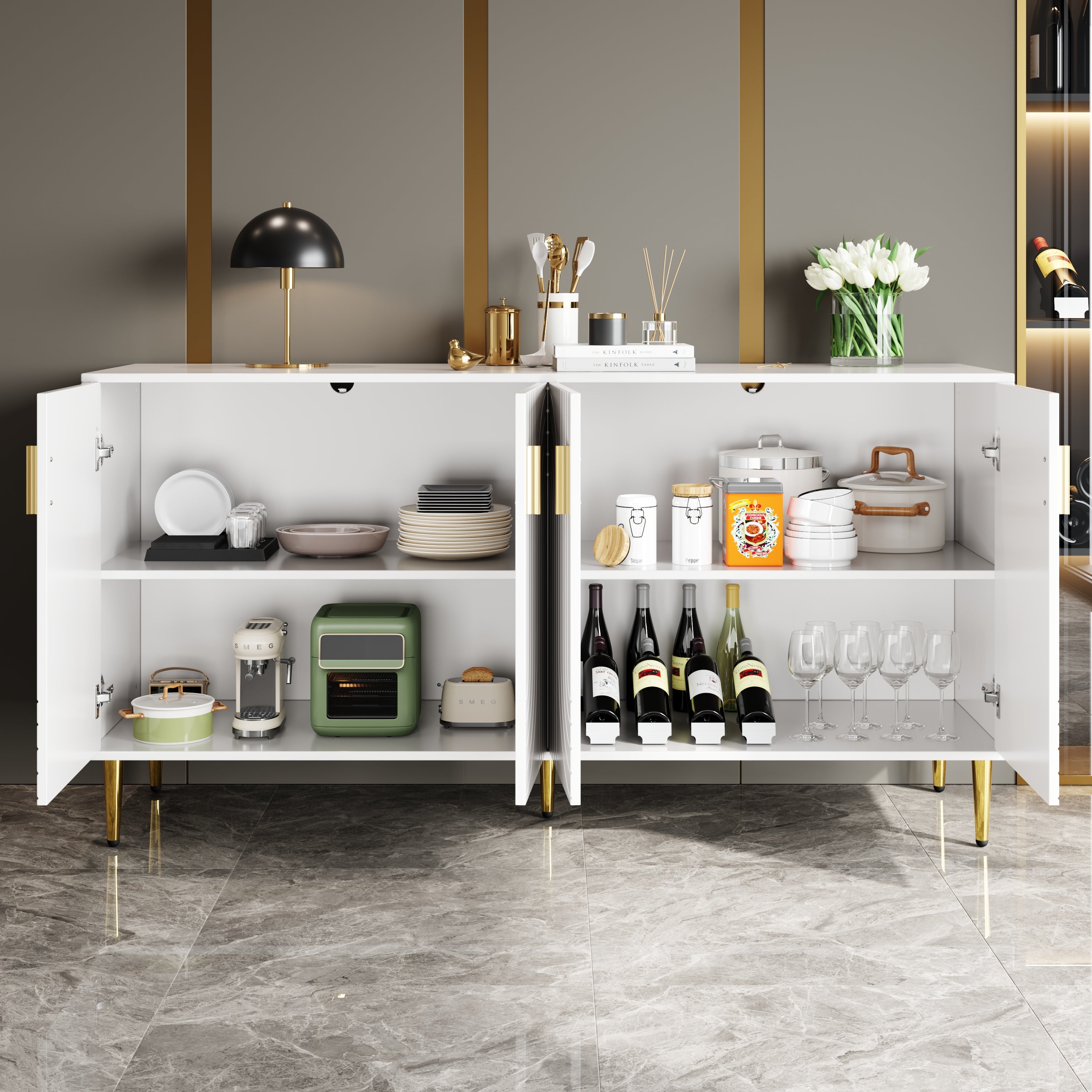 Credenza bianca 152 x 40 x 75 cm con esclusivo design ondulato e maniglie e piedini dorati, per creare un'elegante zona pranzo