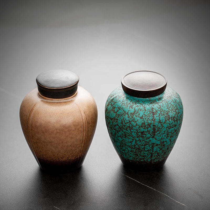 Dark Green Ceramic Cover Household Small Tea Jar