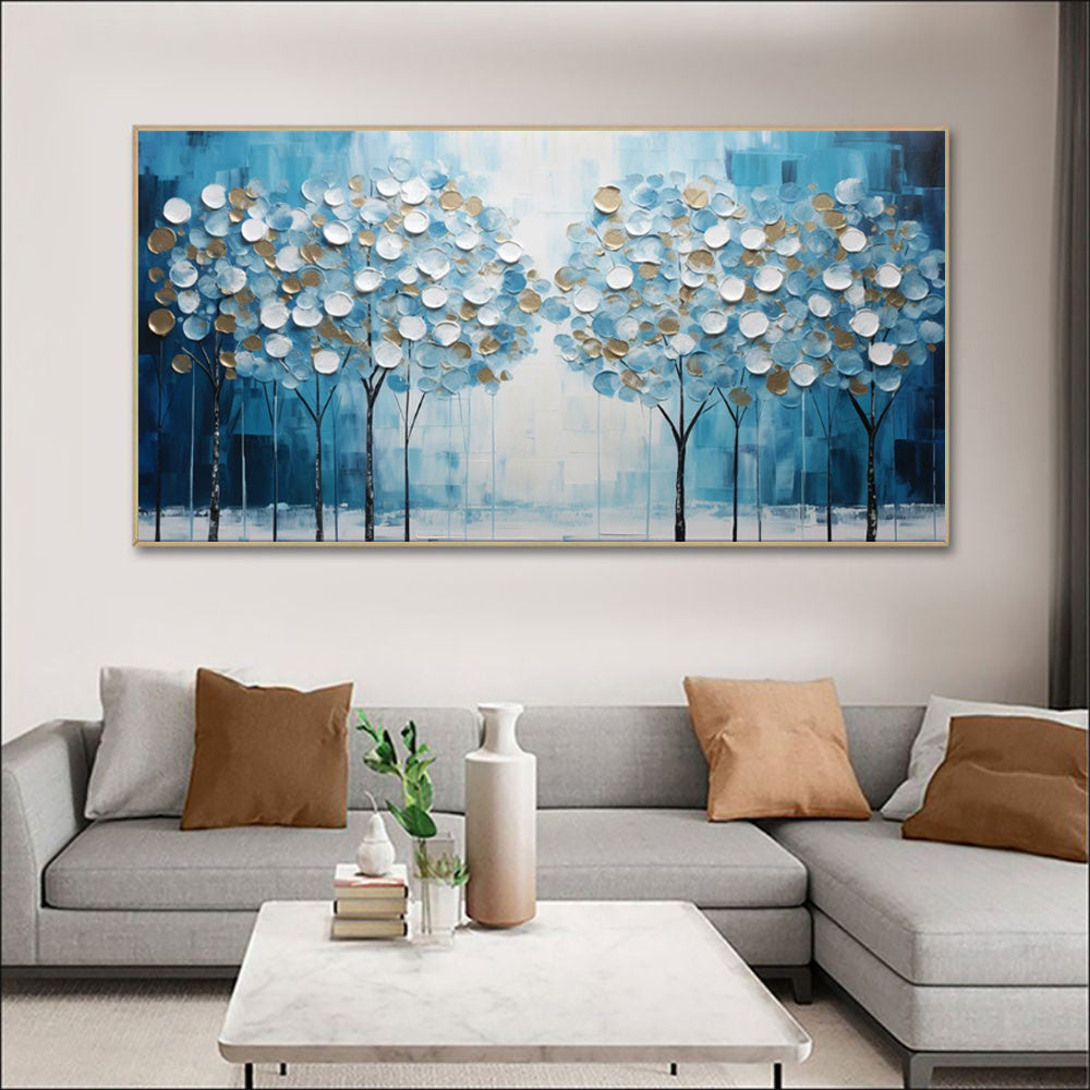 Abstract Blue Tree Of Life Canvas Hand-Painted Oil Painting Modern Lucky Fortune Tree Large Size Boho Home Decor