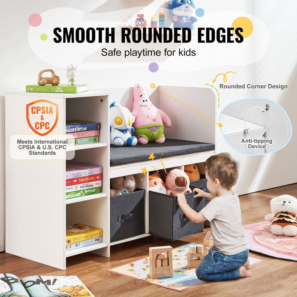 Panca per bambini con angolo lettura, libreria e scaffale per bambini piccoli con cuscino di seduta staccabile, panca con 6 scomparti e 3 cassetti, ideale per sala giochi, camera da letto, soggiorno o ingresso, bianco