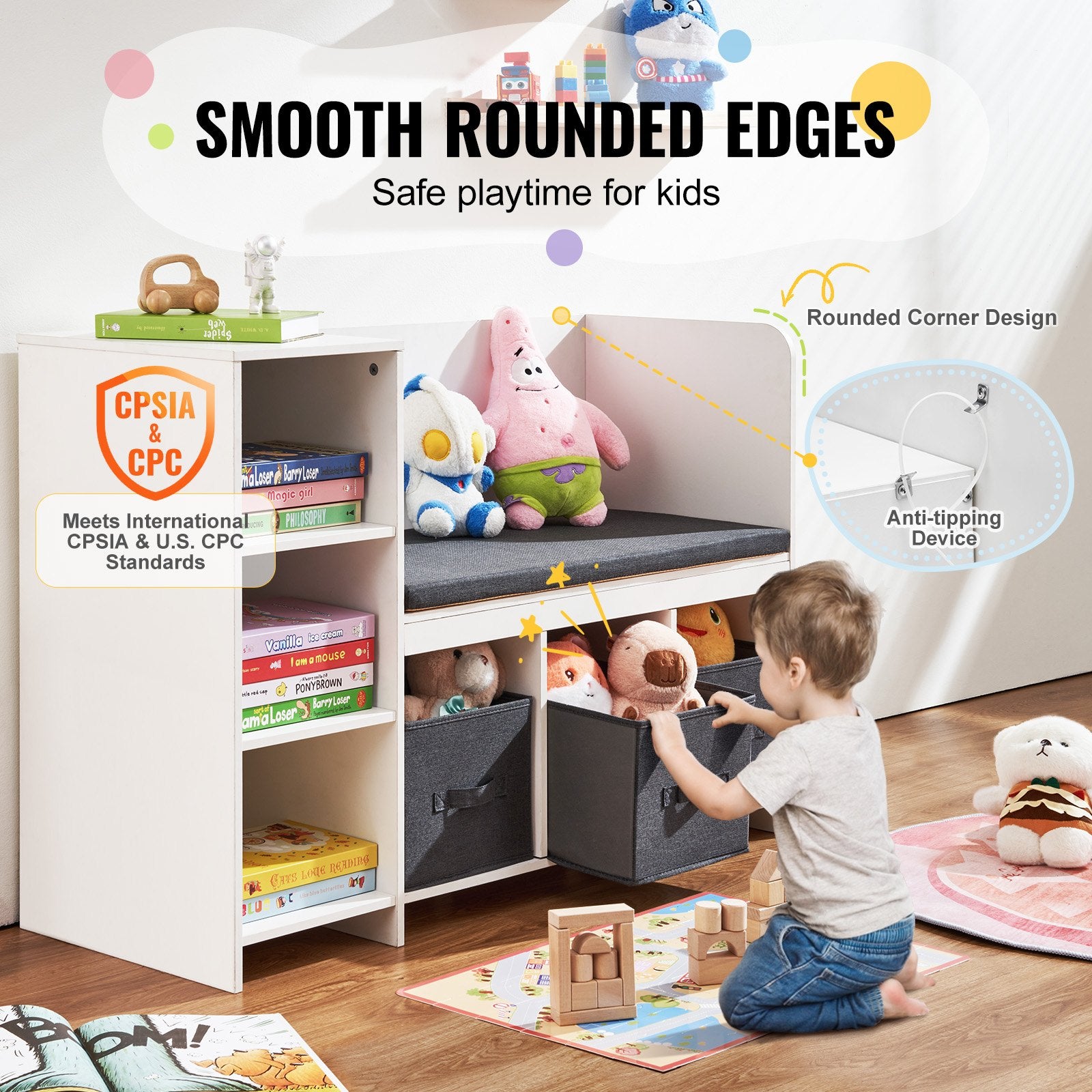 Panca per bambini con angolo lettura, libreria e scaffale per bambini piccoli con cuscino di seduta staccabile, panca con 6 scomparti e 3 cassetti, ideale per sala giochi, camera da letto, soggiorno o ingresso, bianco