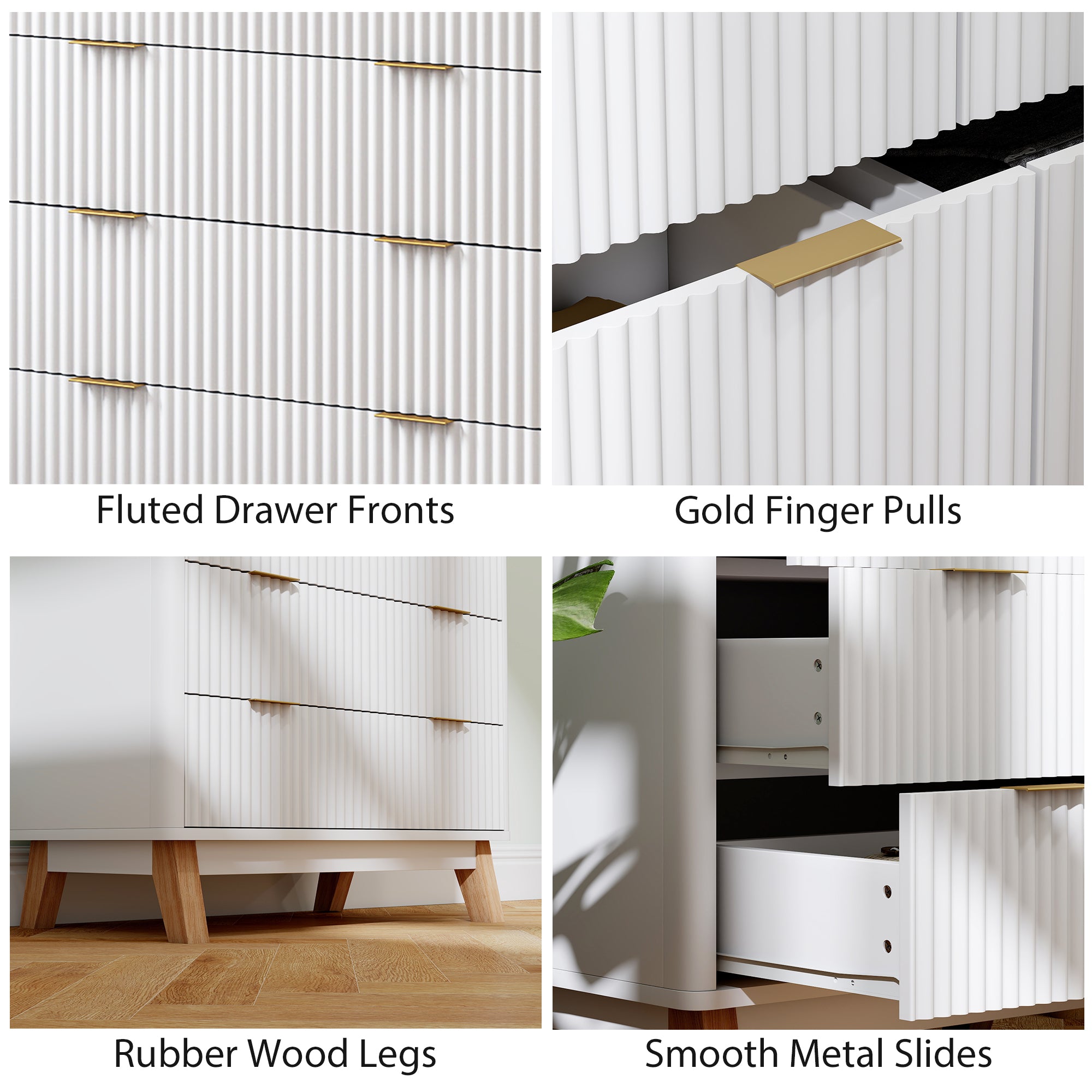 4 Drawer Double Dresser for Bedroom, Fluted Chest of Drawers with Gold Finger Pulls and 4 Wood Legs, White