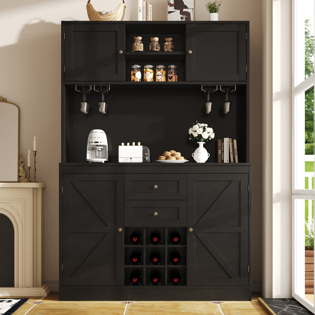 Mobile da cucina con ripiani regolabili e portabottiglie, mobile da cucina alto con 4 ante e 2 cassetti, credenza per cucina e soggiorno, mobile buffet, bianco