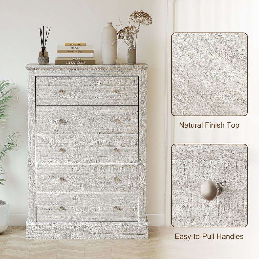 Cassettiera in stile rustico da 31" di larghezza con 5 cassetti, cassettiera per camera da letto con piano in legno per soggiorno, rovere sporco
