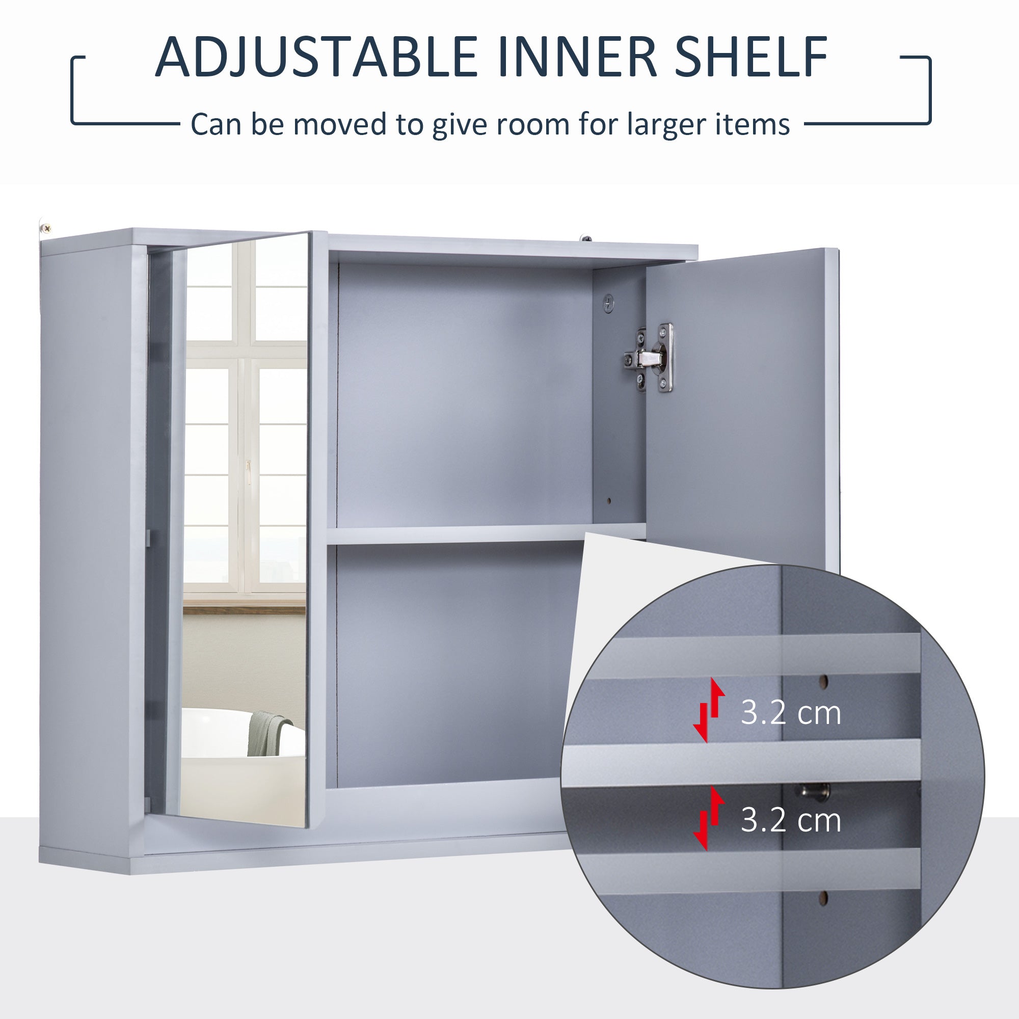 Mobiletto a specchio da parete con ripiano portaoggetti, mobiletto da bagno a doppia anta, grigio