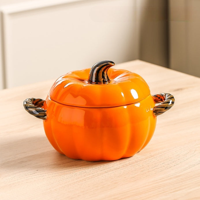 Pumpkin-shaped Binaural Ceramic Soup Bowl With Lid