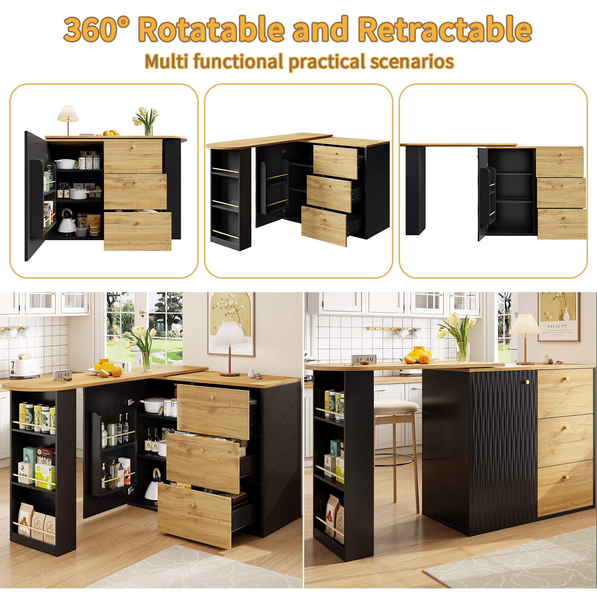 Tavolo da bar estensibile con spazio di archiviazione 138-204 x 39 x 104 cm, tavolo da pranzo girevole a 360°, tavolo da bar mobile moderno, tavolo da bistrot con isola da cucina e tavolo alto, credenza con finitura effetto legno
