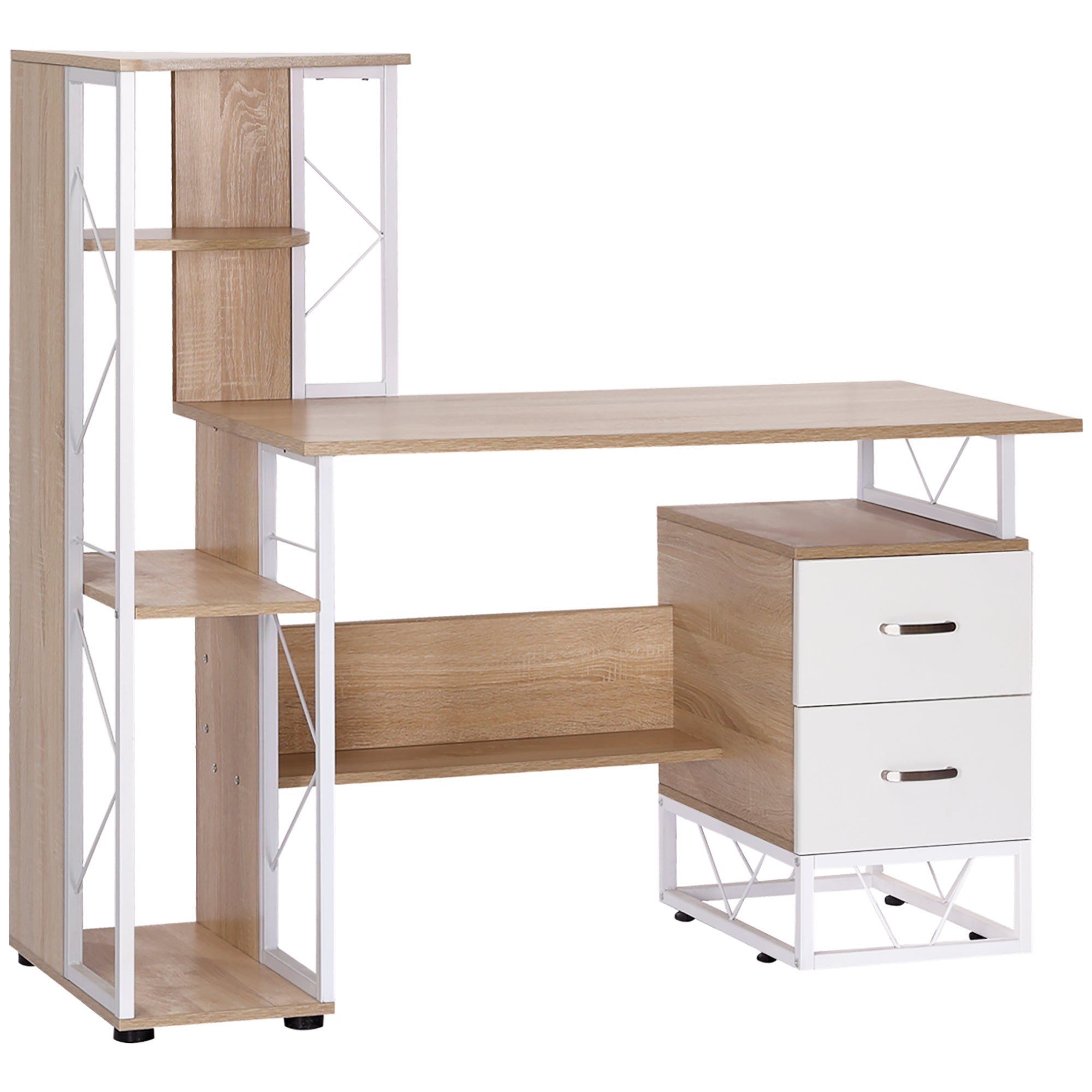 Computer Desk With Drawers And Bookshelf, Writing Desk For Home Office With Storage Shelves, Study Workstation, Oak