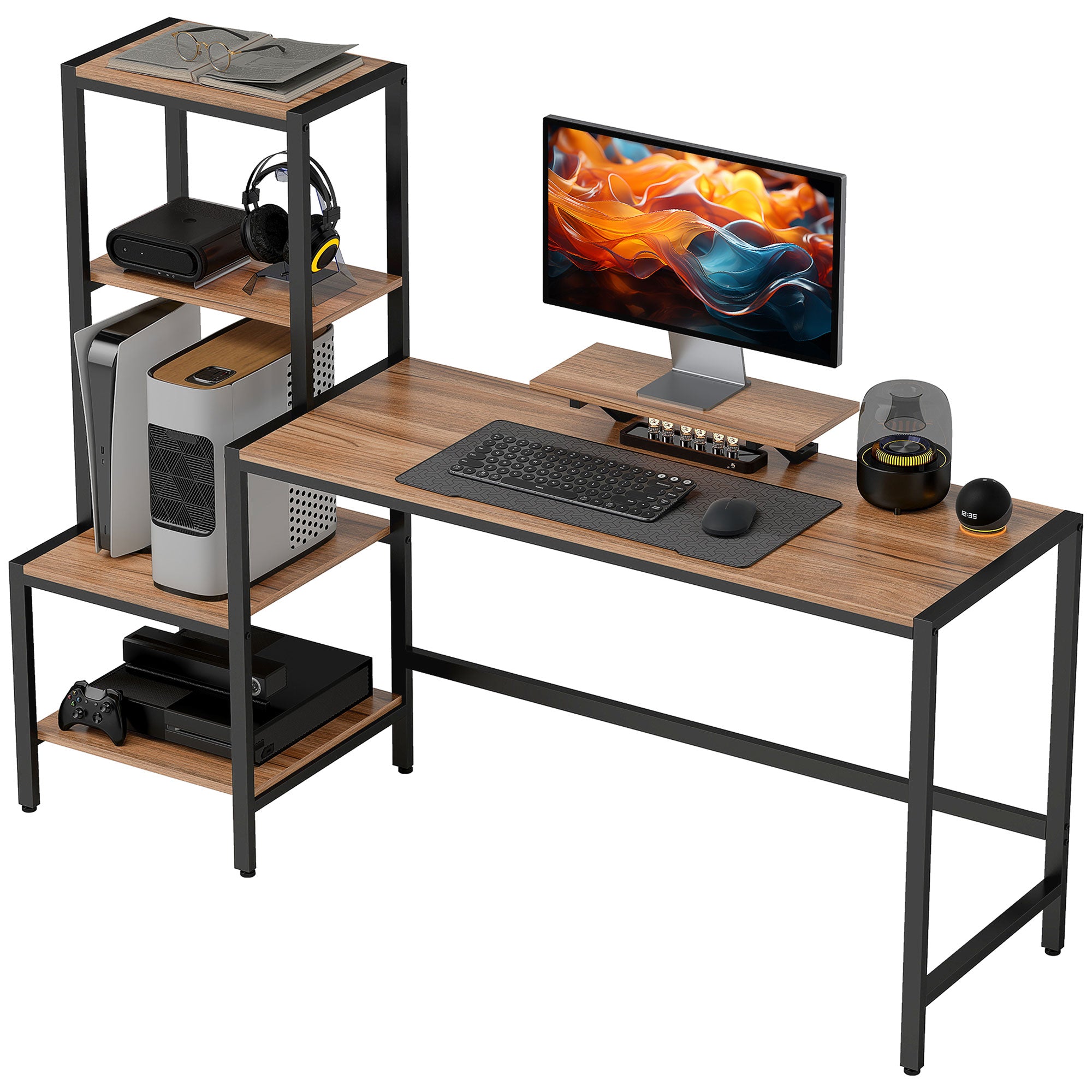 Scrivania per computer, scrivania per CPU da 67" con supporto per monitor, ripiano reversibile a 4 ripiani, scrivania industriale per sala studio, marrone