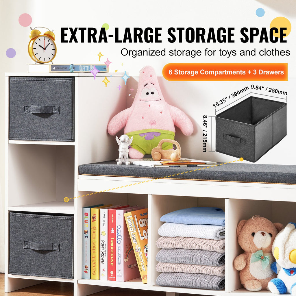 Panca per bambini con angolo lettura, libreria e scaffale per bambini piccoli con cuscino di seduta staccabile, panca con 6 scomparti e 3 cassetti, ideale per sala giochi, camera da letto, soggiorno o ingresso, bianco
