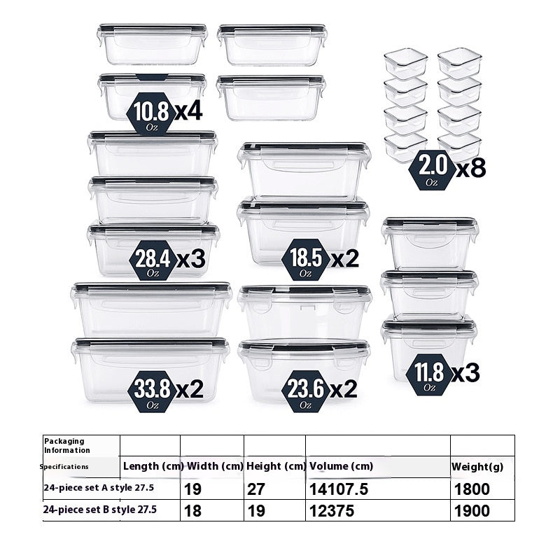 24-piece Kitchen Refrigerator Crisper Microwave Heat-resistant Plastic Lunch Box