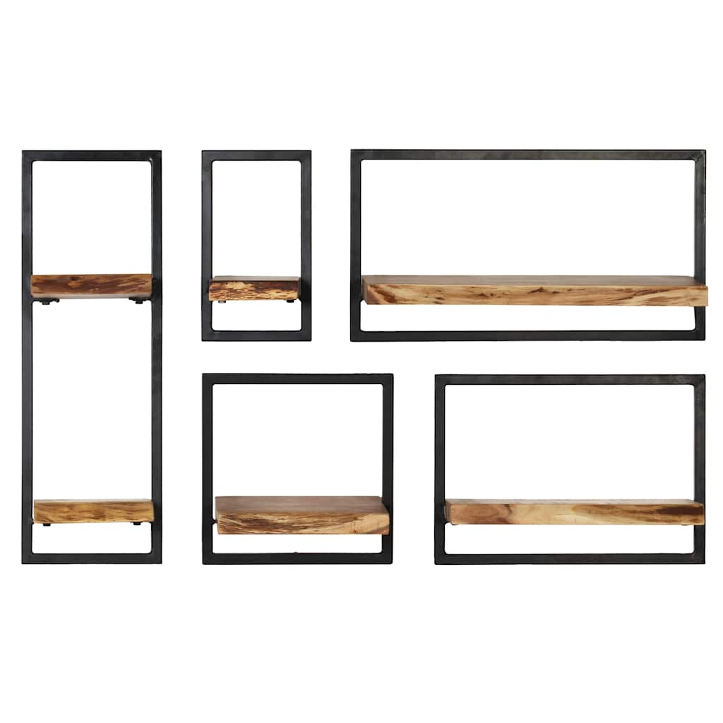 set di mensole da parete, 5 pezzi, legno massello di acacia e mensole da parete
