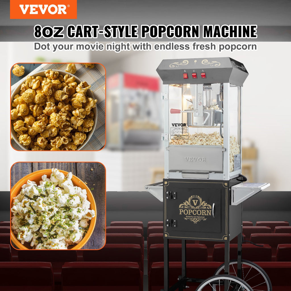 Popcornmaschine Popcornautomat Mit Wagen 850 W Popcorngerät, 8 Oz Kessel Für 48 Tassen Pro Ladung, Popcornmaschine Mit Gehärtetem Glas Inkl. 4 Schaufeln Kino-Stil Ristorante Schwarz