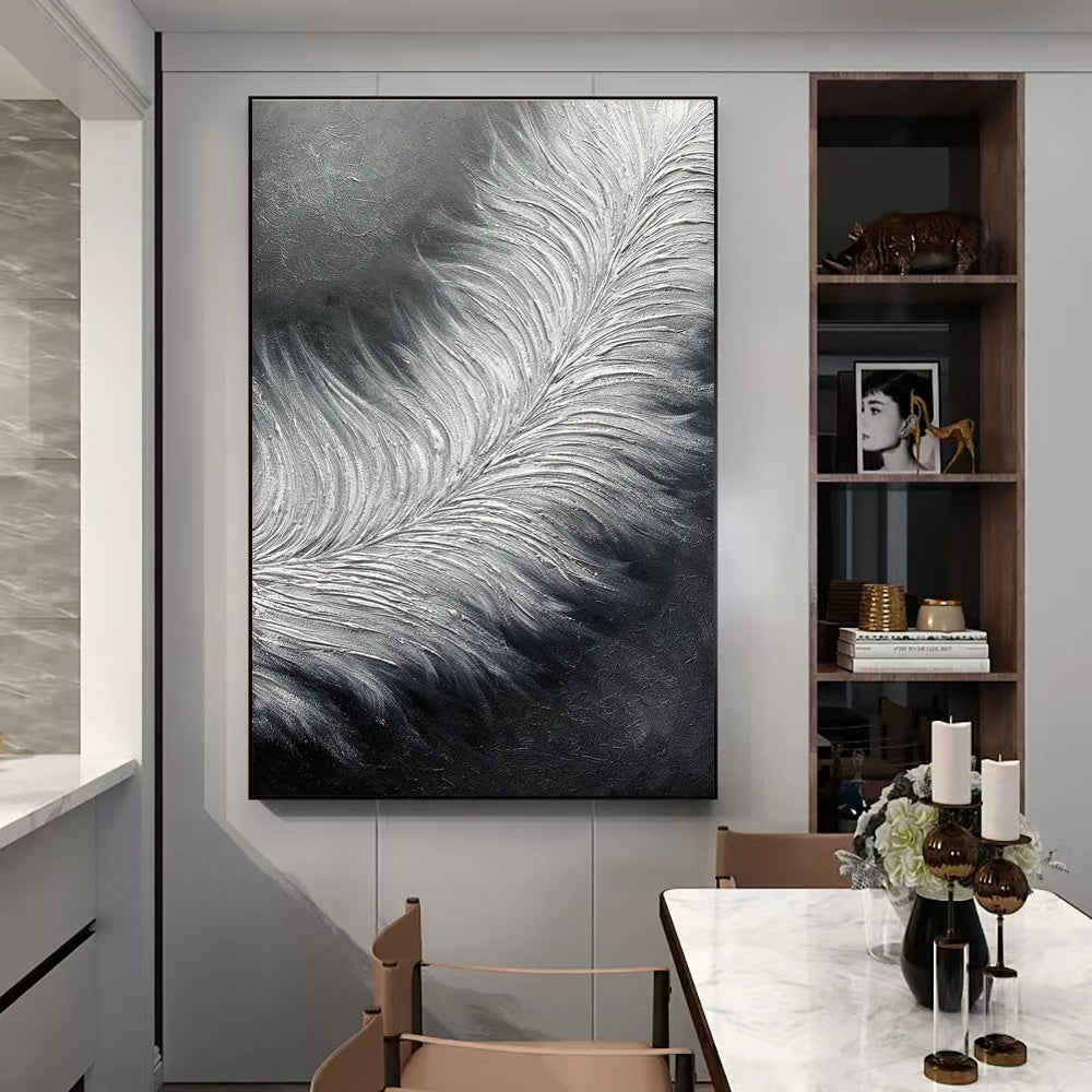 Hand Painted Black And White Oil Paintings On Canvas Abstract Feather Modern Wall Art Oversize Thick Texture Acrylic Painting Decor Special Artwork