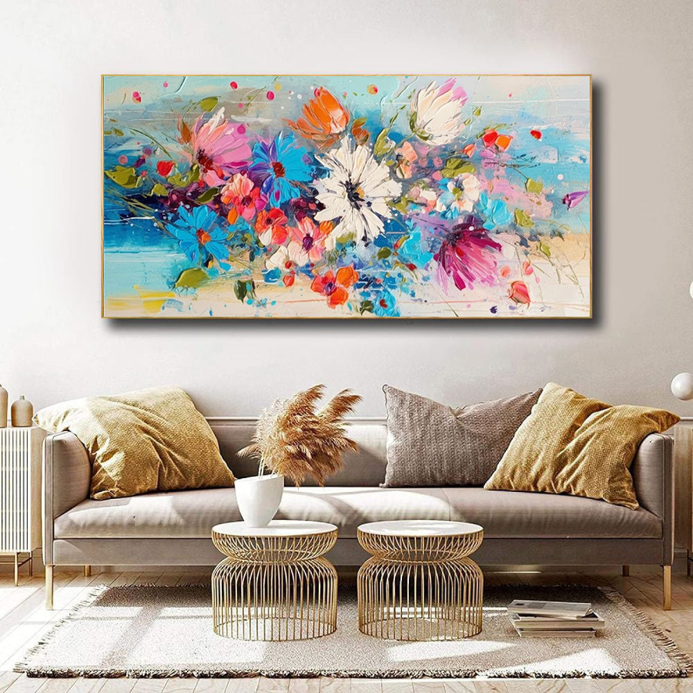 Beautiful Colorful Spring Flowers Knife Thick Oil Painting Handpainted Large Blue Florals Canvas Wall Art Modern Artwork Decor