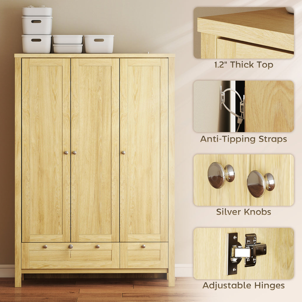 3 Doors Wardrobe Closet with 2 Drawers, Bedroom Armoire with Lockable Drawer, Hanging Rod and Storage Shelves, Natural