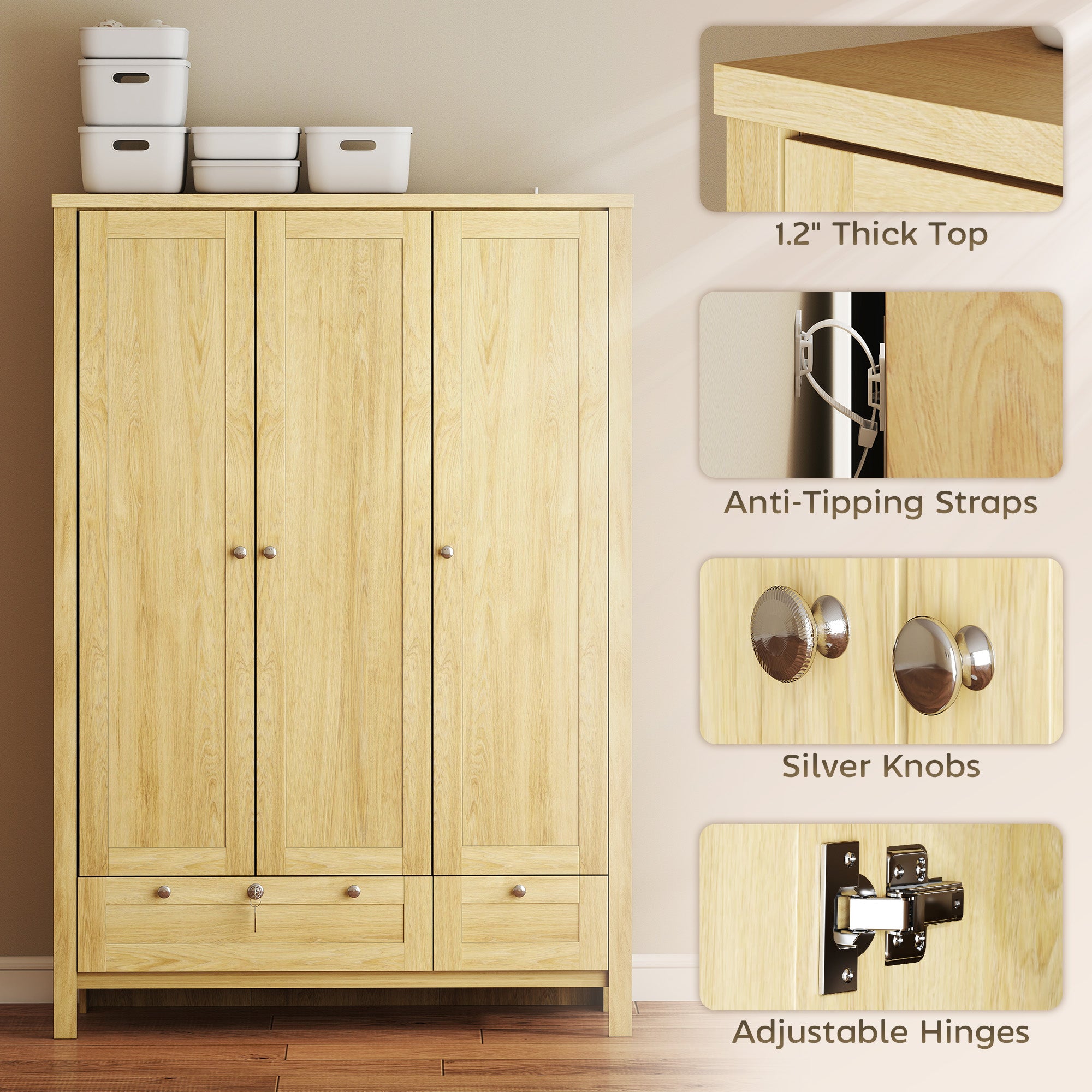 3 Doors Wardrobe Closet with 2 Drawers, Bedroom Armoire with Lockable Drawer, Hanging Rod and Storage Shelves, Natural