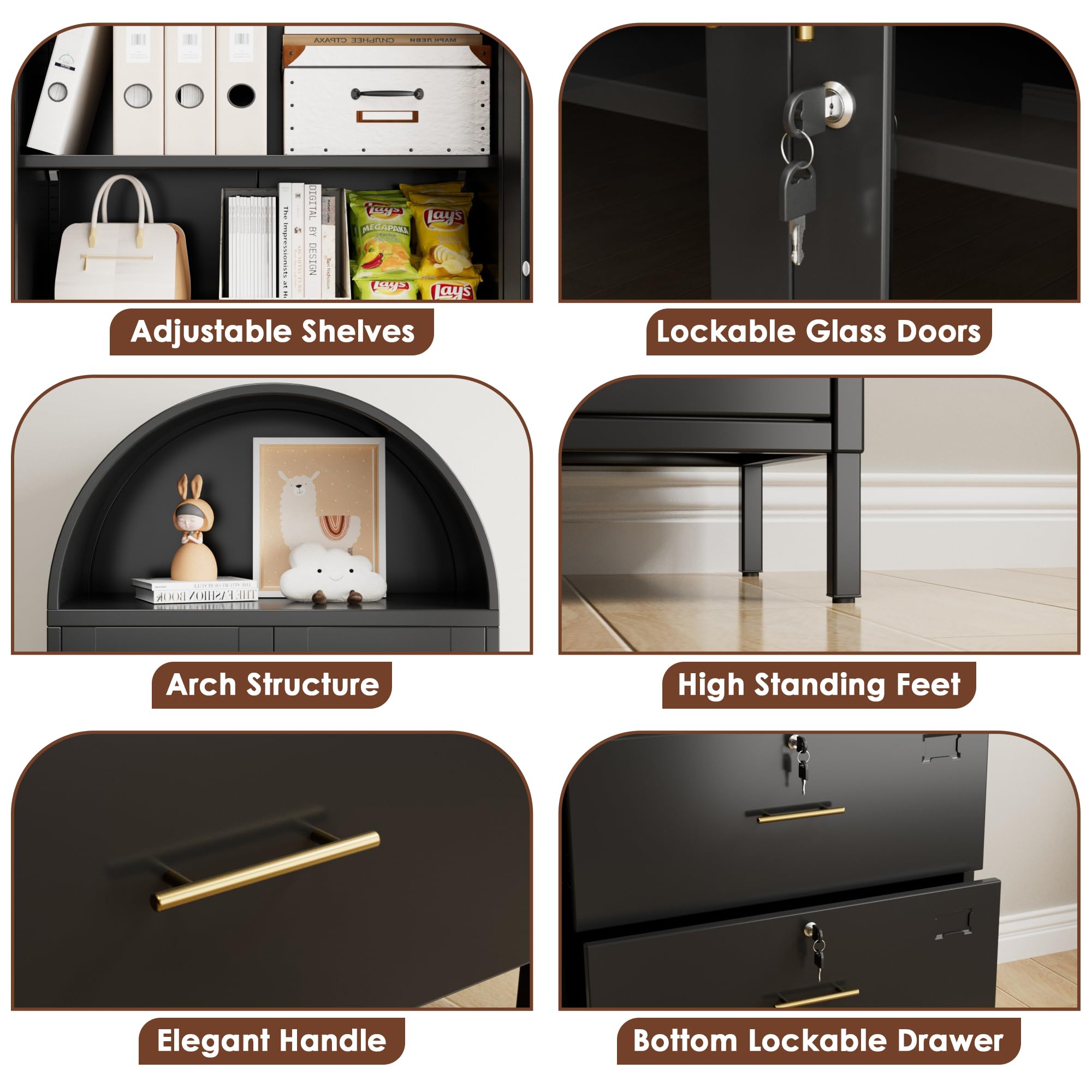 Mobiletto portadocumenti ad arco in metallo da 73 pollici di altezza, libreria ad arco nera con ante in vetro con serratura e cassetti, mobiletto portadocumenti per ufficio domestico, montaggio richiesto, nero
