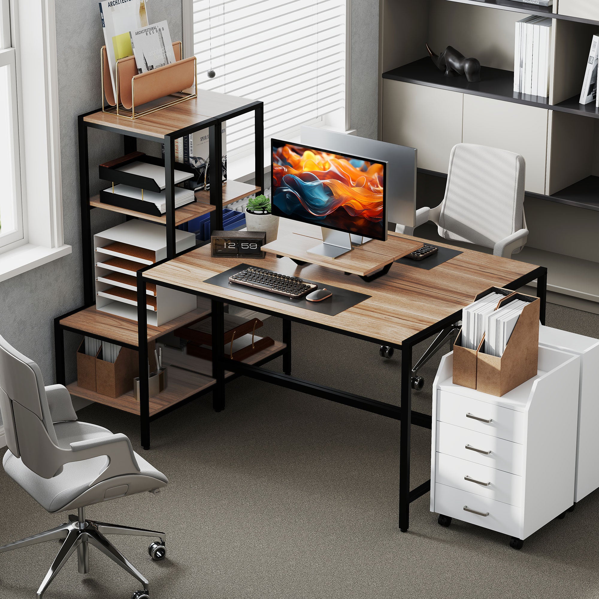 Scrivania per computer, scrivania per CPU da 67" con supporto per monitor, ripiano reversibile a 4 ripiani, scrivania industriale per sala studio, marrone