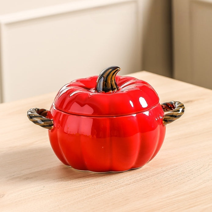 Pumpkin-shaped Binaural Ceramic Soup Bowl With Lid