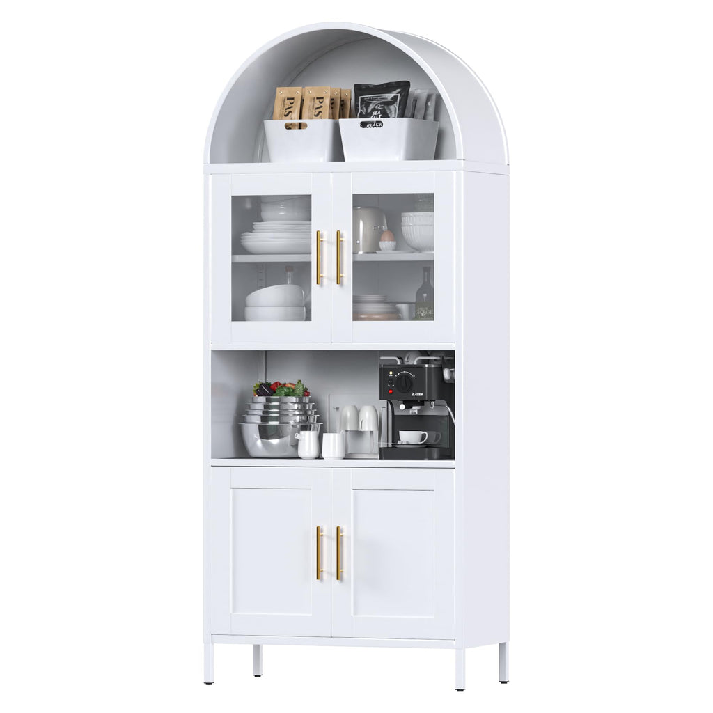 Mobiletto ad arco in metallo alto 73 pollici, mobile dispensa da cucina con anta in vetro, libreria ad arco moderna in stile fattoria con 2 ripiani regolabili per soggiorno, bianco, montaggio richiesto