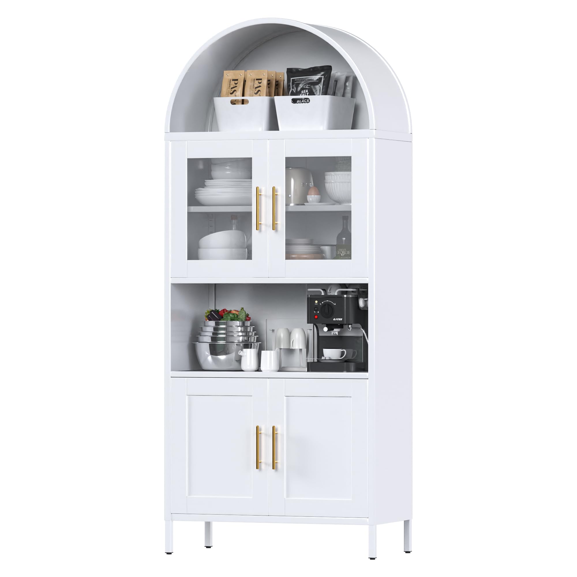 Mobiletto ad arco in metallo alto 73 pollici, mobile dispensa da cucina con anta in vetro, libreria ad arco moderna in stile fattoria con 2 ripiani regolabili per soggiorno, bianco, montaggio richiesto