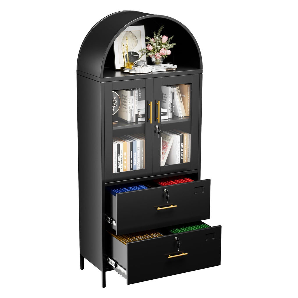 Mobiletto portadocumenti ad arco in metallo da 73 pollici di altezza, libreria ad arco nera con ante in vetro con serratura e cassetti, mobiletto portadocumenti per ufficio domestico, montaggio richiesto, nero