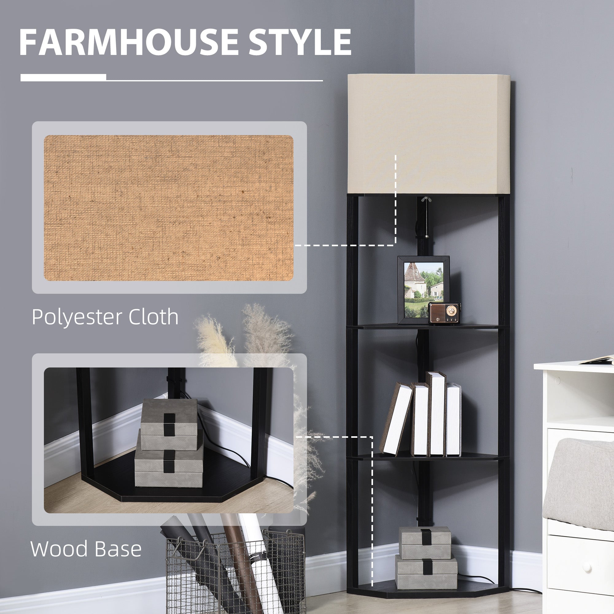 Corner Floor Lamp With Shelves, Modern Tall Standing Lamp With Chain Switch For Living Room, Bedroom, Bulb Not Included, Black