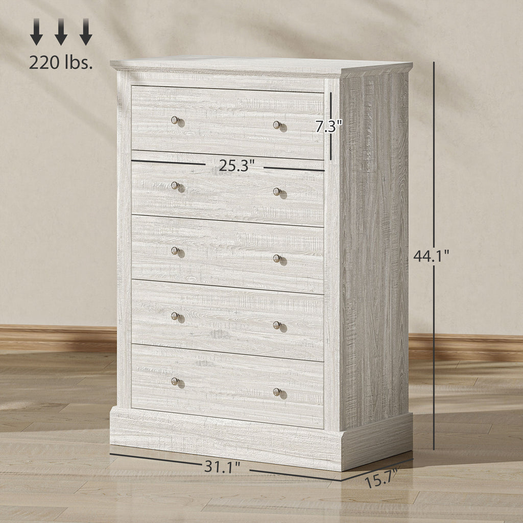 Cassettiera in stile rustico da 31" di larghezza con 5 cassetti, cassettiera per camera da letto con piano in legno per soggiorno, rovere sporco