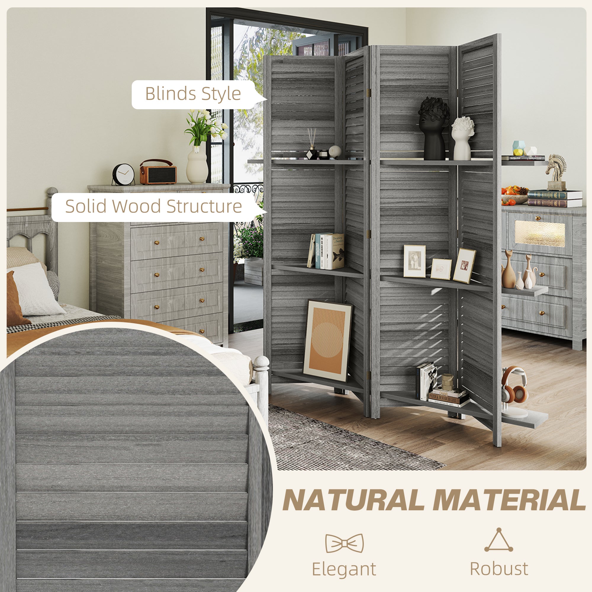 Schermo divisorio per la privacy in legno a 4 pannelli, alto 67", con 3 ripiani e contenitore pieghevole per camera da letto, grigio