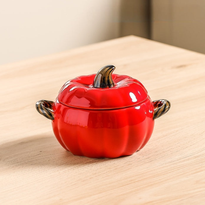 Pumpkin-shaped Binaural Ceramic Soup Bowl With Lid