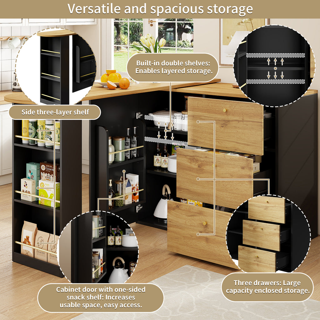 Tavolo da bar estensibile con spazio di archiviazione 138-204 x 39 x 104 cm, tavolo da pranzo girevole a 360°, tavolo da bar mobile moderno, tavolo da bistrot con isola da cucina e tavolo alto, credenza con finitura effetto legno