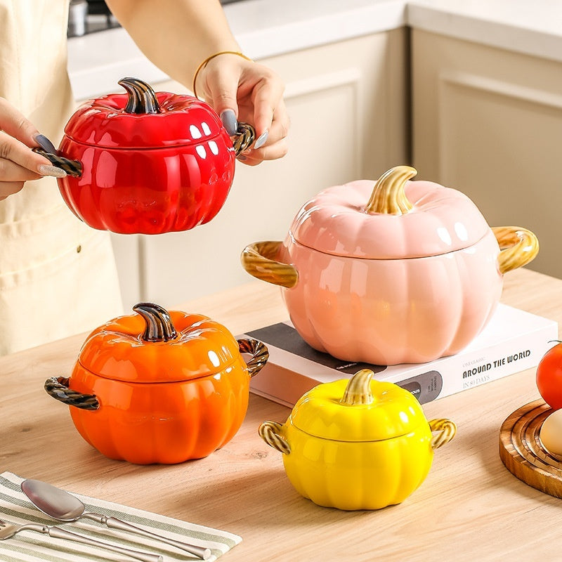 Pumpkin-shaped Binaural Ceramic Soup Bowl With Lid