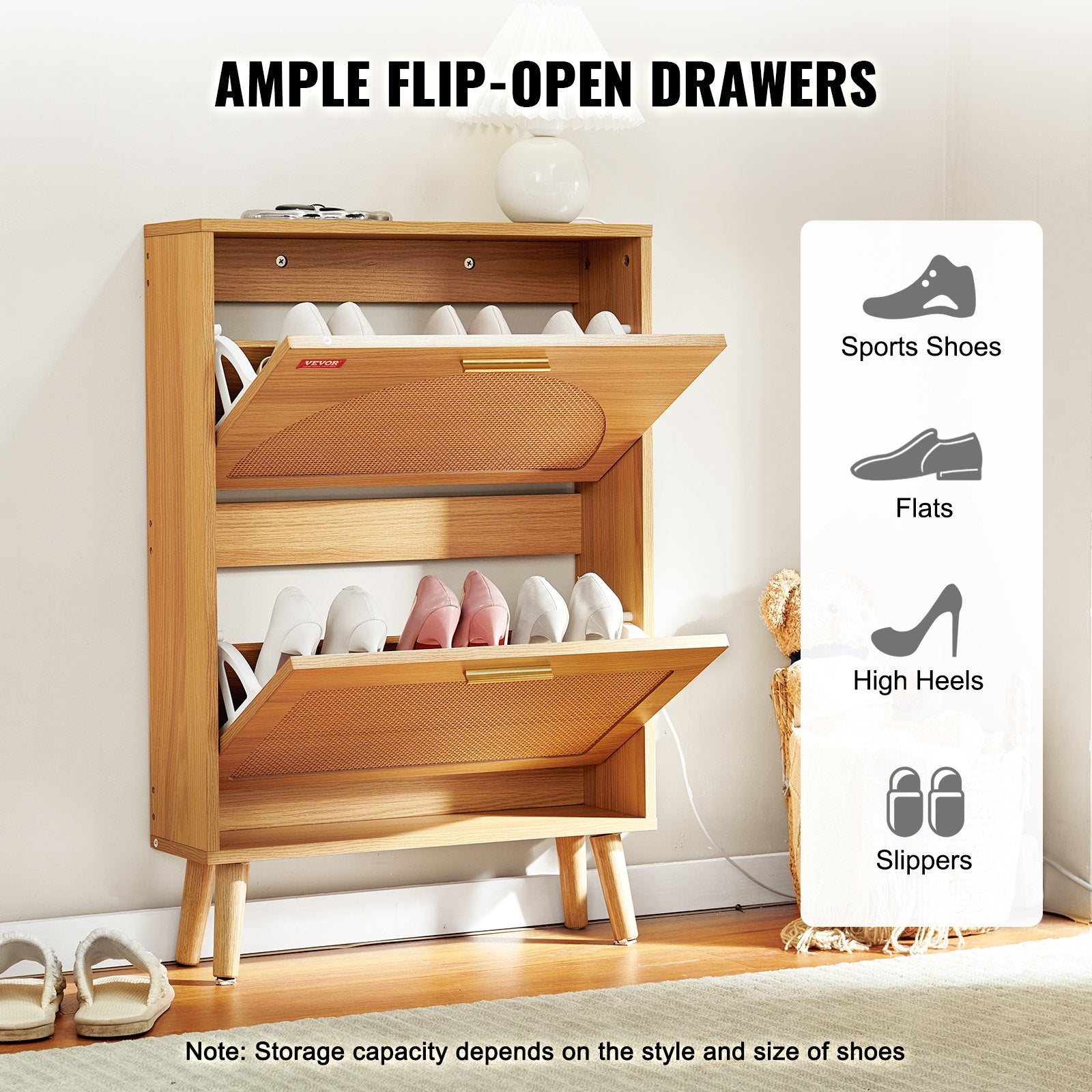Schuhschrank Schmal, Schuhregal Holzfarbe, 600 X 168 X 877 Mm Schuhkipper Mit 2 Klappen + Oberem Staufach, Schuhkommode 36,28 Kg Tragfähigkeit, Aufbewahrungsschrank Schuh Massivholz Für Flur 