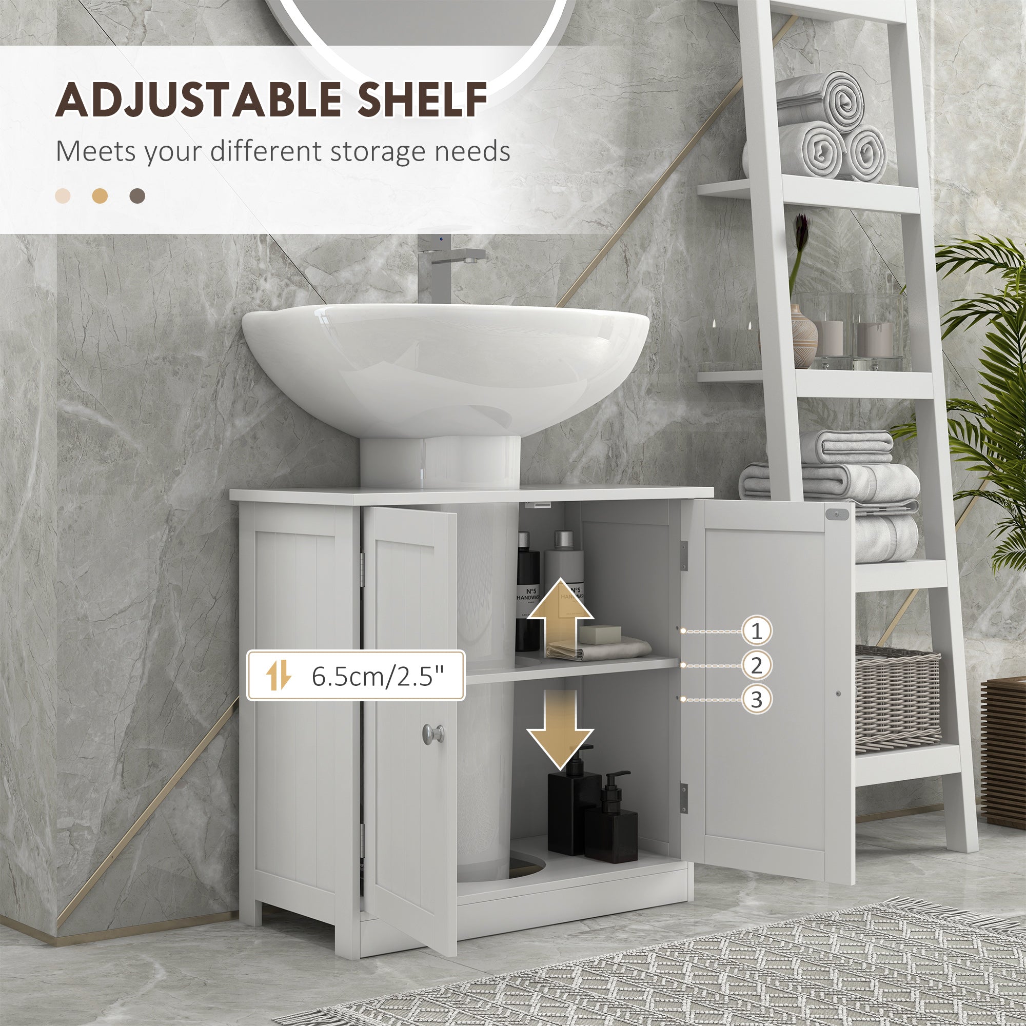 Mobiletto sottolavabo per bagno con 2 ripiani, mobiletto portaoggetti in legno - Bianco