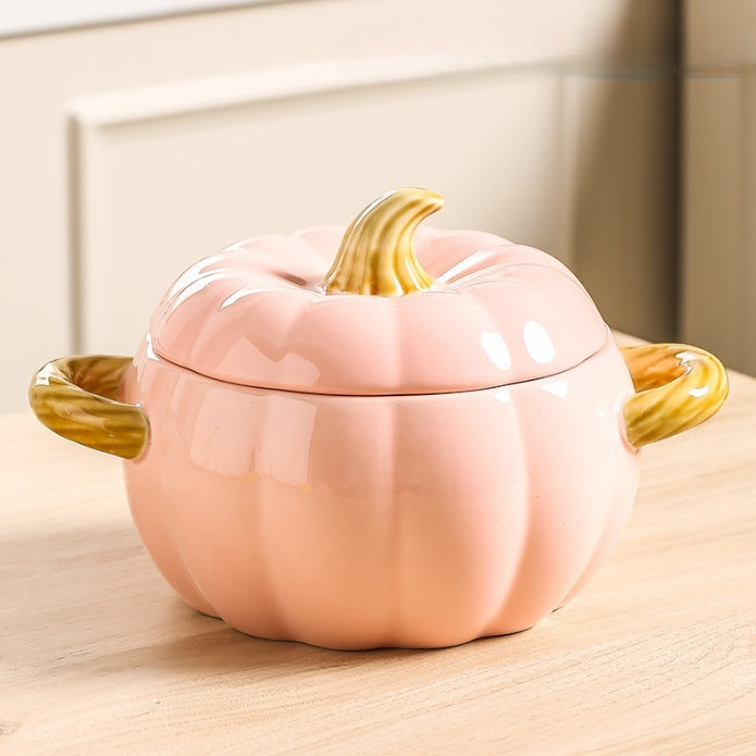 Pumpkin-shaped Binaural Ceramic Soup Bowl With Lid