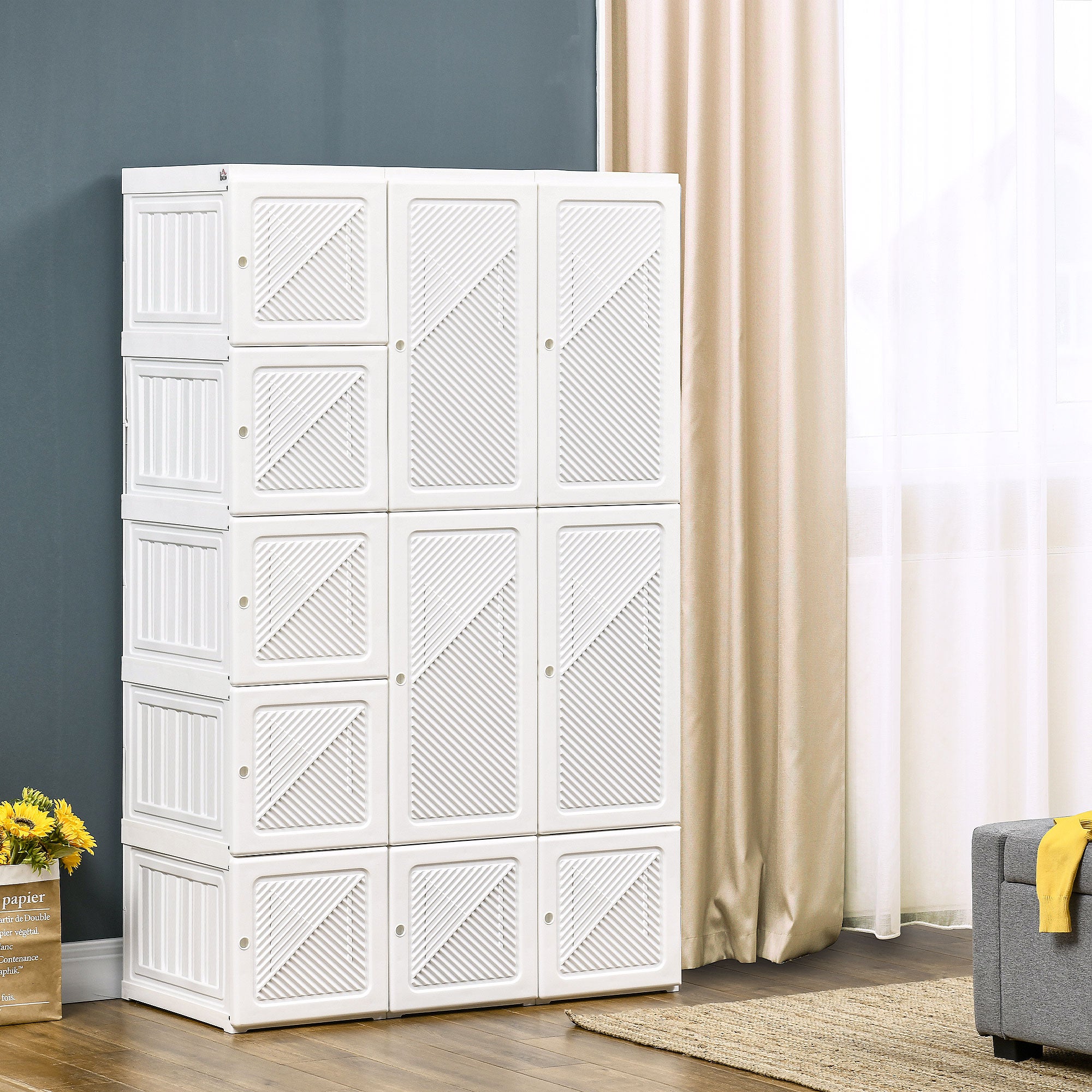 Armadio guardaroba portatile, organizer pieghevole per riporre i vestiti con 8 scomparti a cubo, 2 aste appendiabiti, 11 ante magnetiche, bianco