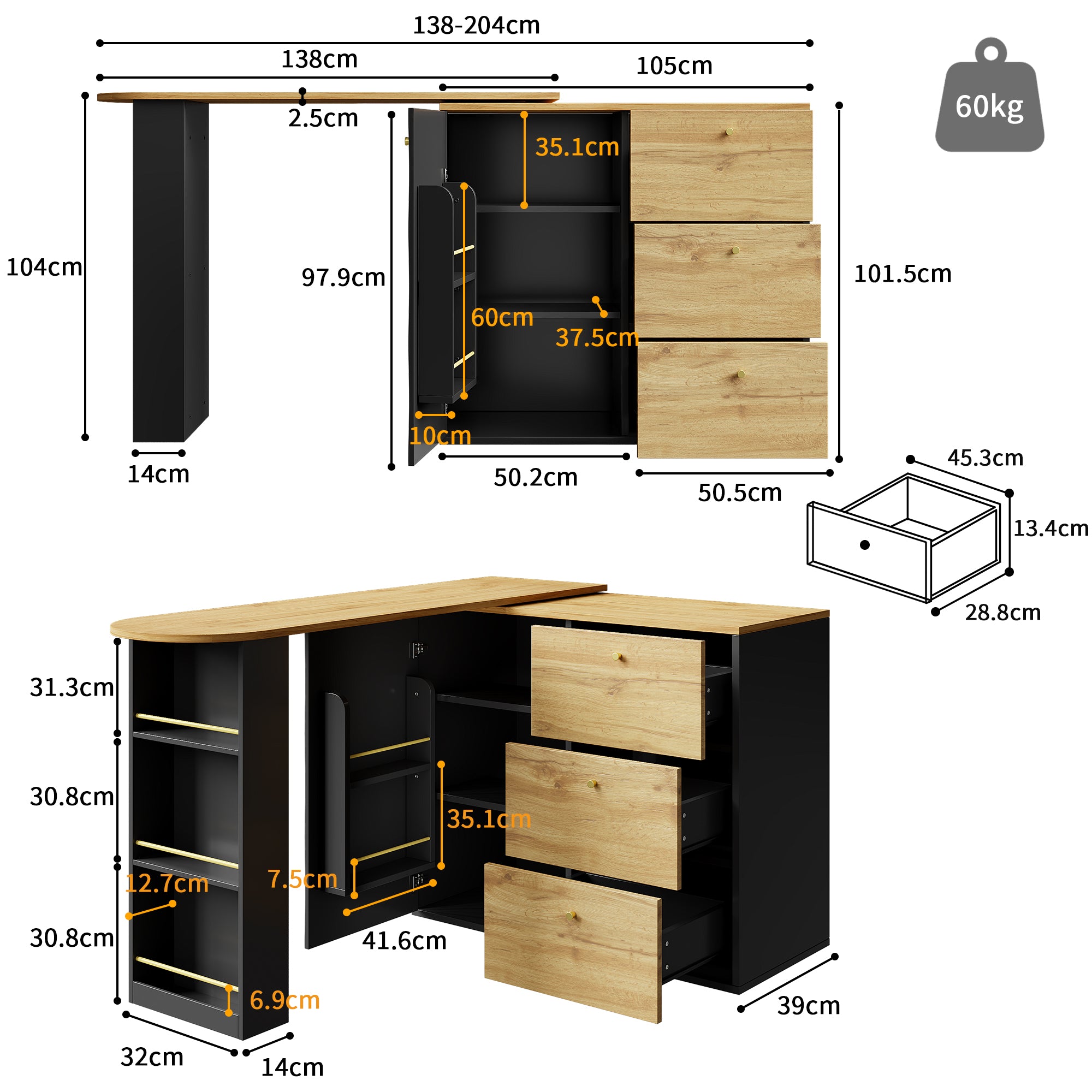 Tavolo da bar estensibile con spazio di archiviazione 138-204 x 39 x 104 cm, tavolo da pranzo girevole a 360°, tavolo da bar mobile moderno, tavolo da bistrot con isola da cucina e tavolo alto, credenza con finitura effetto legno