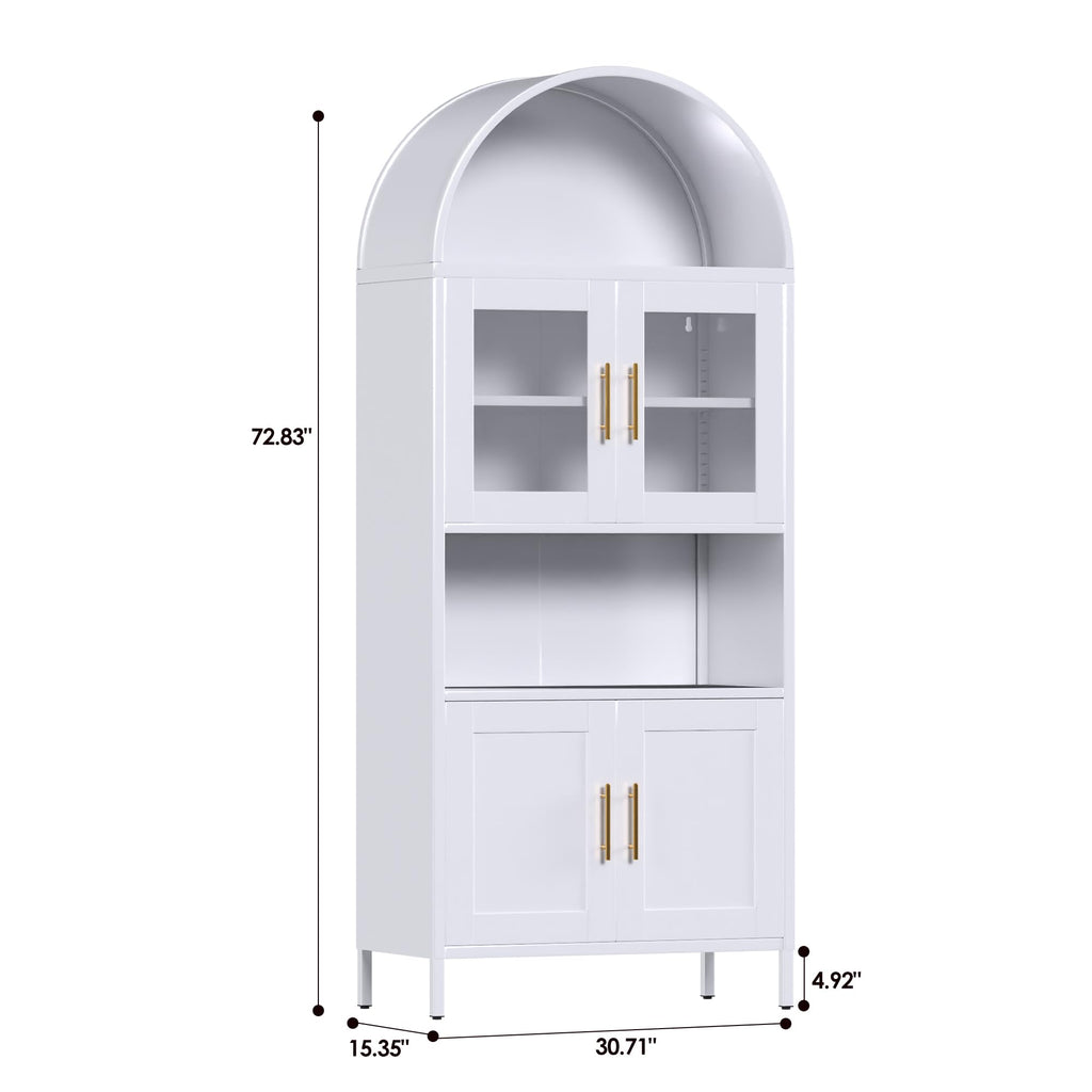 Mobiletto ad arco in metallo alto 73 pollici, mobile dispensa da cucina con anta in vetro, libreria ad arco moderna in stile fattoria con 2 ripiani regolabili per soggiorno, bianco, montaggio richiesto